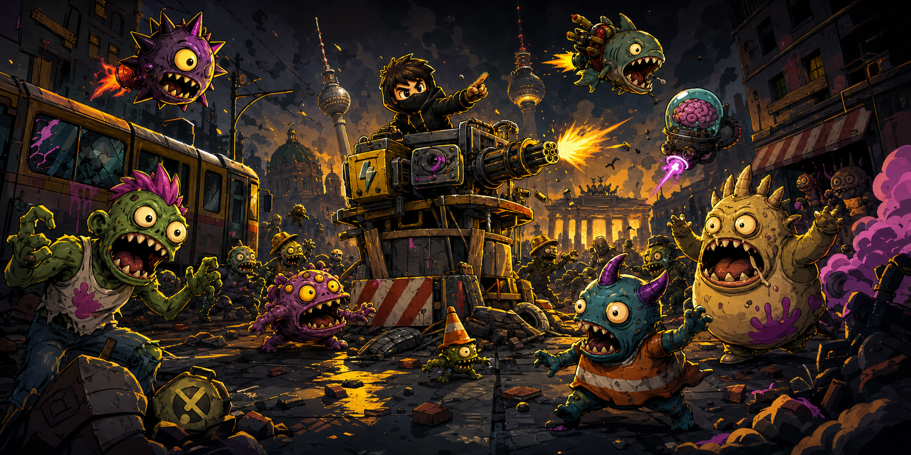 World Chaos TD Key Art mit Türmen, Monstern und Berliner Chaos